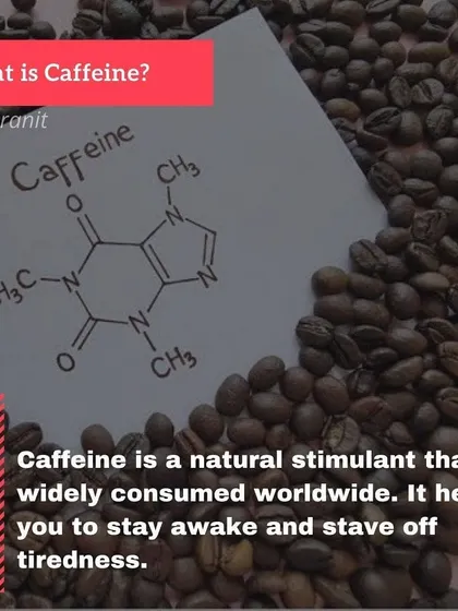 This graphic shows the chemical structure of caffeine and provides a simple definition of its function as a natural stimulant.