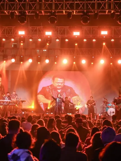 The entire band is visible on the giant screen, making sure everyone in the massive crowd gets a front-row experience. A look at our professional stage production.
