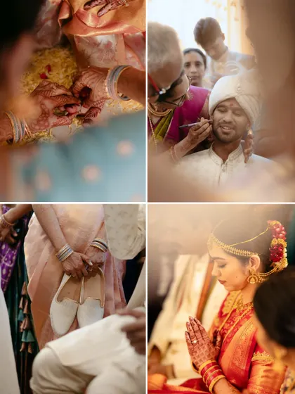 A collage of beautiful moments from a South Indian wedding, showing the intricate rituals and the deep emotions of the day.
