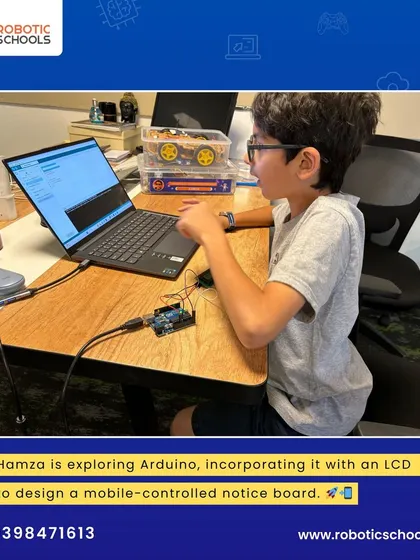Here is another shot of Hamza working on his Arduino-powered notice board. Our 1-on-1 class structure allows for focused guidance on these detailed projects.