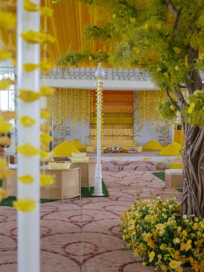 A view through the Haldi venue, showing the 'tree of life' and the main stage in the background.