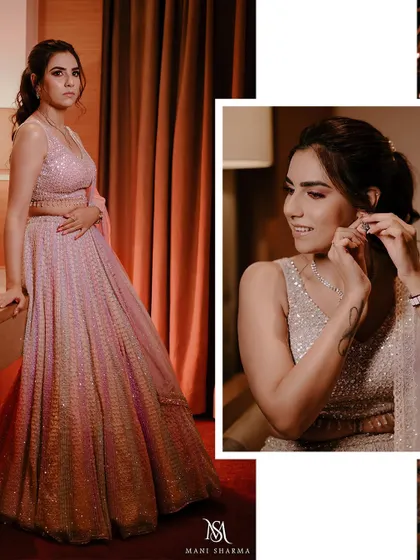 A collage of getting-ready moments, from putting on earrings to final poses.
