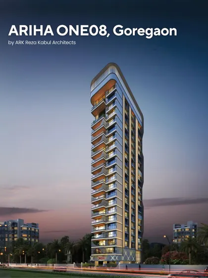A render of Ariha One08 in Goregaon. This contemporary 21-storey residential tower is designed with a sleek, modern aesthetic that emphasizes light, openness, and a connection to the skyline.