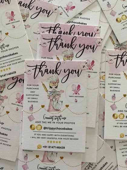 Another shot of the 'Trippy Choco Bakes' thank you cards, showcasing the high-quality print and thoughtful design.