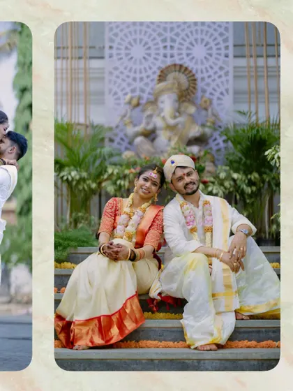 A collage showing a couple in traditional Telugu wedding attire. The shot of them sitting before a Ganesha idol adds a spiritual and cultural element to their wedding story.