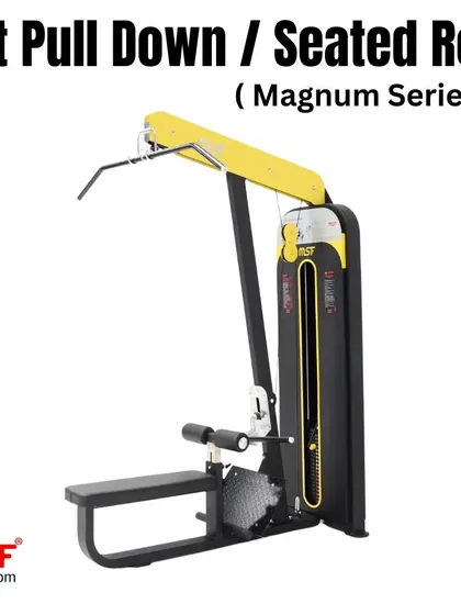 A clean side profile of the Magnum Series Lat Pulldown / Seated Row machine.
