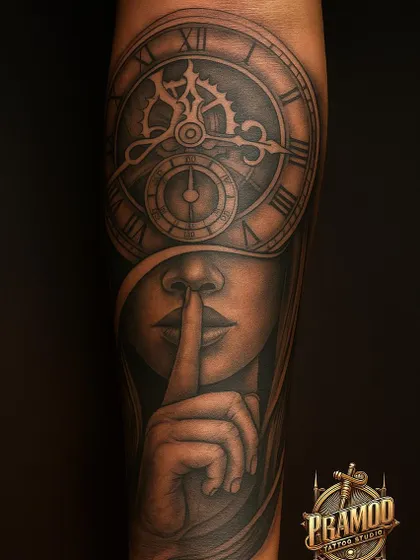 A surrealist tattoo that combines a woman's face with a clock. Her finger is held to her lips in a 'shushing' gesture, symbolizing that time holds many secrets. The mechanical details of the clock are incredibly intricate.
