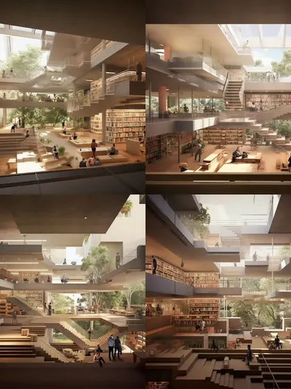 Conceptual explorations using AI for a communal library space in a student hostel. We use technology as a tool to quickly visualize and test complex ideas about multi-level, interactive spaces that are filled with light and nature.