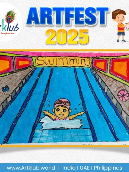 A senior student's vibrant painting of a swimmer competing in a race, capturing the motion of the water.
