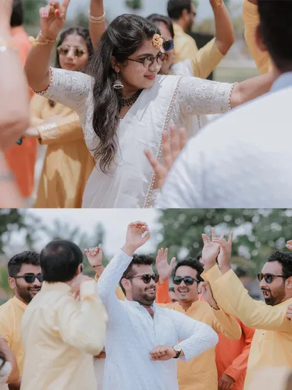 A collage of guests dancing and enjoying the vibrant atmosphere of the Haldi party.