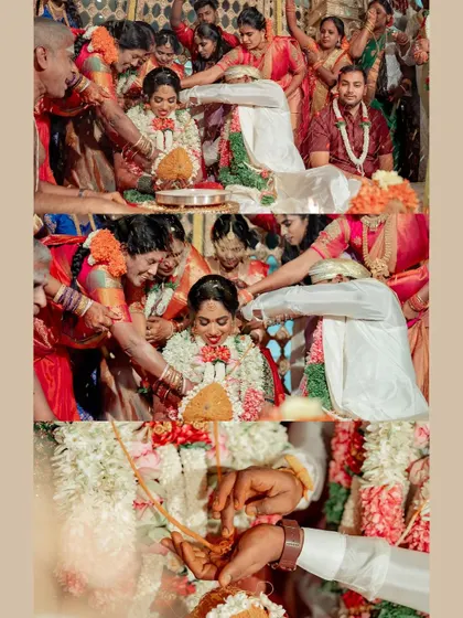 A collage of key moments from a Tamil wedding, showcasing the rich traditions and the couple's happiness.
