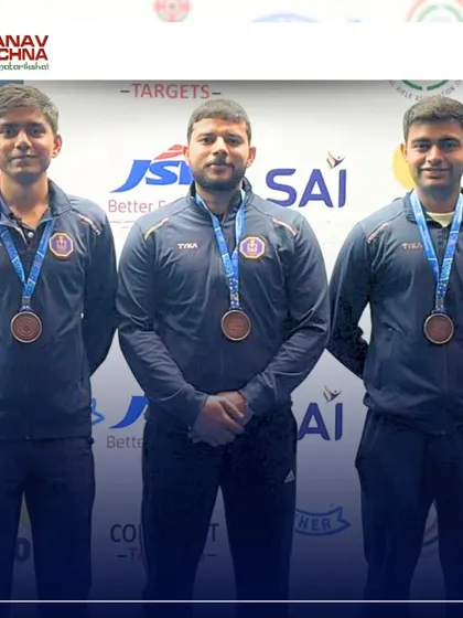The podium moment for Kunal Rana and his team, who secured the Bronze Medal in the 50m Free Pistol event at the 67th National Shooting Championships in New Delhi.