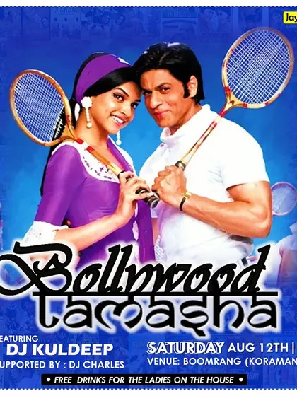 A 'Bollywood Tamasha' poster featuring the iconic duo of Shah Rukh Khan and Deepika Padukone.