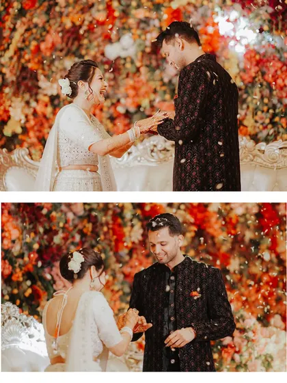 A diptych of the ring exchange during an engagement ceremony. The couple is surrounded by a wall of flowers, and the air is filled with petals.