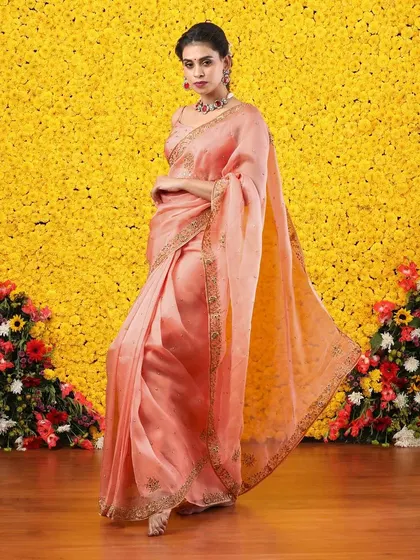 A repeat of the beautiful peach organza saree, a true festive essential.