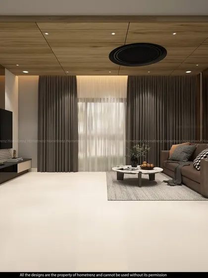 This living room features a dark wood-paneled ceiling and matching curtains, creating a cozy and intimate atmosphere. The TV unit is minimalist, allowing the architectural details to stand out.