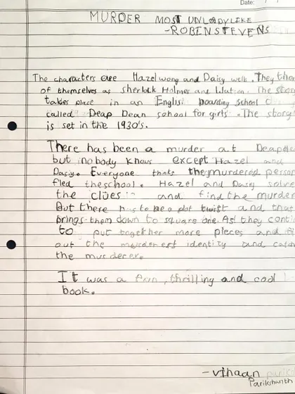 Here is Vihaan's handwritten review. Taking the time to write down thoughts about a book is a fantastic exercise in comprehension and critical thinking. Well done, Vihaan!
