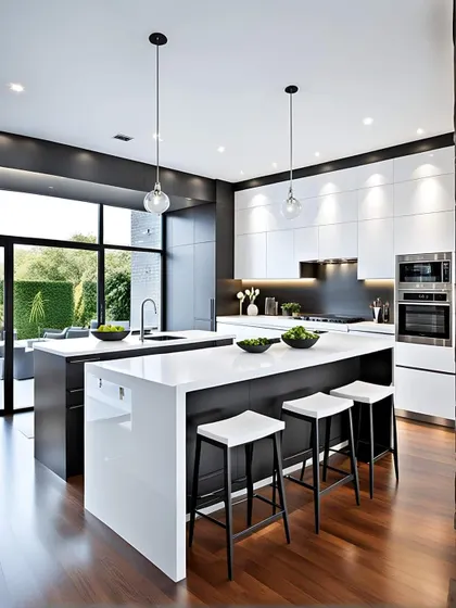 A stunning two-tone kitchen with a double island layout. The combination of dark wood floors, black base cabinets, and white countertops is the definition of modern luxury.