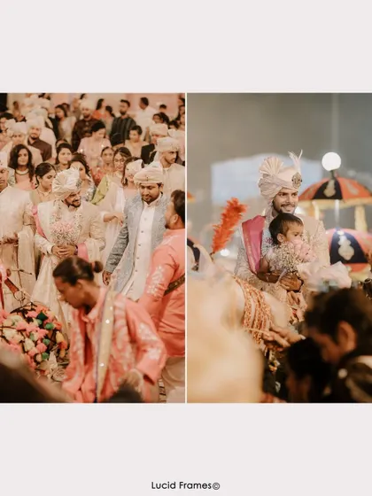 A diptych showing the groom's grand entrance on a horse (baraat) and mingling with guests.
