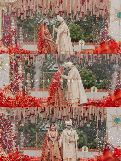 Sealing the bond, one beautiful step at a time. This collage captures the key moments of the varmala, from the exchange of garlands to the final pose as a married couple.