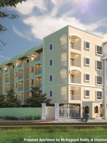 This is a proposed apartment building in Electronic City, designed with a more classical and symmetrical facade. The building features arched window details and a prominent, curved central balcony section.