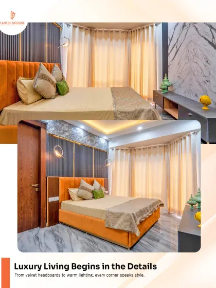 Luxury living begins in the details. This bedroom features a bold orange velvet headboard, warm ambient lighting, and a mix of textures like fluted panels and marble to create a stylish and energetic space.