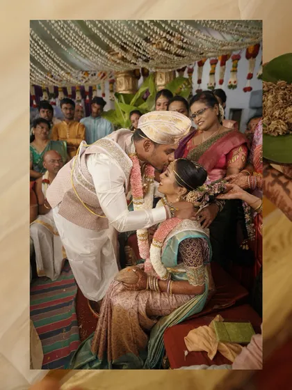 A collage capturing a tender kiss on the forehead during the wedding ceremony.