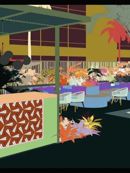 A digital mood board illustrating the vibrant, tropical aesthetic for an upcoming restaurant project.
