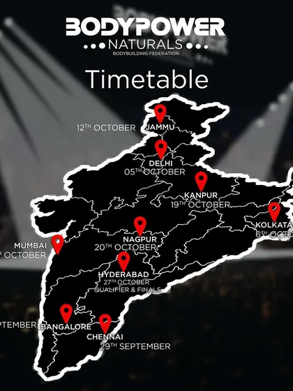 This is the timetable for the BodyPower Naturals competition series across India. I encourage all natural athletes to step on stage and test their limits. This is your chance to show the world what you've built.