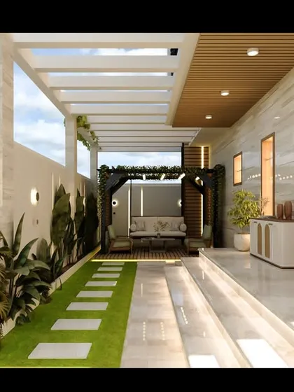 A 3D render of a long walkway leading to an outdoor seating area. The design features a pergola, stepping stones on grass, and thoughtful lighting, creating a resort-like feel.