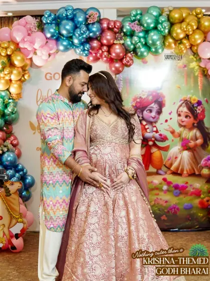 Nothing is cuter than a Krishna-themed Godh Bharai for a little one on the way. The parents-to-be looked divine in front of the vibrant backdrop, surrounded by a rainbow of colorful balloons.
