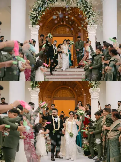 A festive exit from the church, with guests blowing bubbles and celebrating the newlyweds. The image captures the fun, vibrant energy of the post-ceremony celebration.