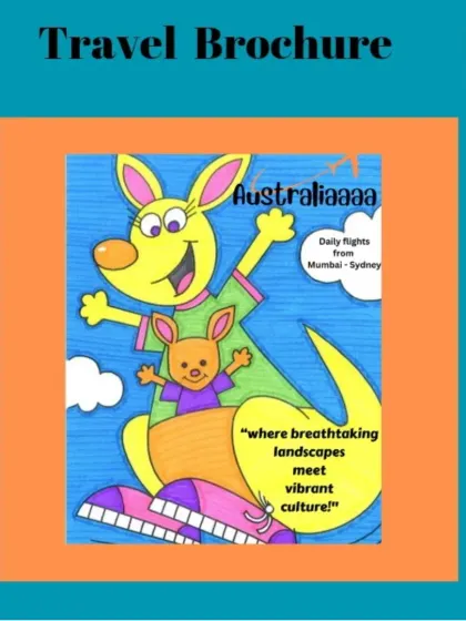 Students design their own travel brochure, like this one for Australia. This project combines cartooning, lettering, and layout design to create an eye-catching and informative piece.