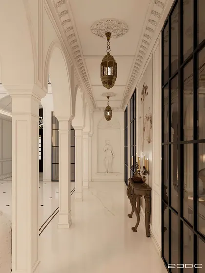 A long, arched hallway in a neoclassical design, featuring traditional lanterns and console tables. This space serves as an elegant transition zone, connecting different parts of the home with classical grace.