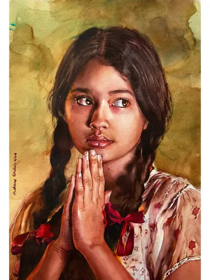 The final version of the young girl's portrait. The warm, earthy background complements her skin tone and the red ribbons in her hair, creating a harmonious composition.