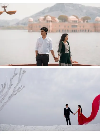 This composite image highlights two of my most requested shoot locations. We can capture an iconic portrait with the Jal Mahal palace in the background and then create a completely different, dramatic look with a flowing red gown at my exclusive film city set.