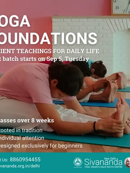 This image captures the essence of our Yoga Foundations course, focusing on ancient teachings for daily life. Students are practicing Paschimottanasana (Seated Forward Bend) with focus and dedication.