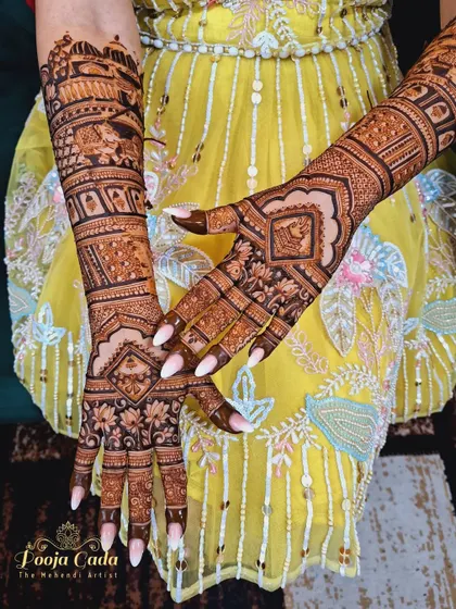 The back of the hands for an NRI bride from the US, featuring intricate traditional patterns that complement the front design.