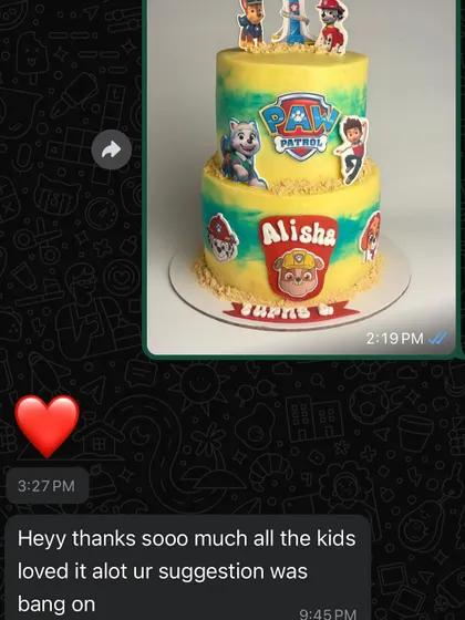 A happy client message for the Paw Patrol cake. The suggestion for the salted caramel flavor was a huge hit with the kids!