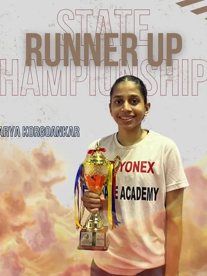 Aarya Korgoankar with her runner-up trophy in Women's Singles at the Yonex-Sunrise Shri Nandu Natekar Memorial Maharashtra State Championship.