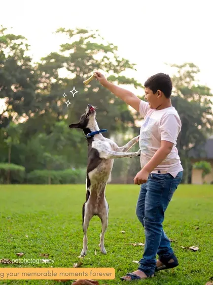 A young boy shares a treat with his dog, who jumps up in excitement, capturing a moment of pure, playful interaction in a park.