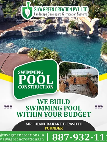 We build swimming pools to fit your budget and your vision. This graphic shows both the dream of a finished rock waterfall pool and the reality of the solid rebar framework we build to create it.