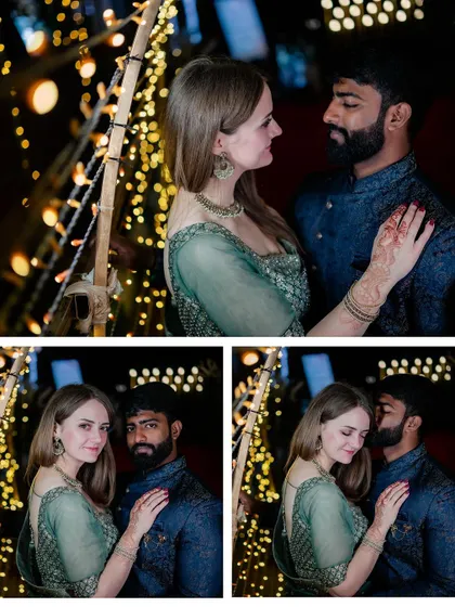 A collage of the couple's romantic moments under fairy lights.