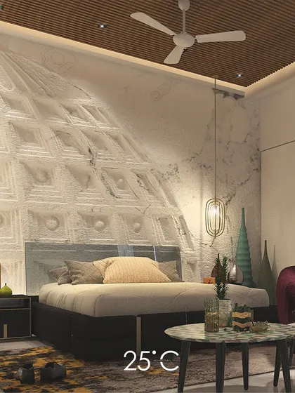 We designed this bedroom with a unique, large-scale 3D textured wall panel that serves as a dramatic headboard. The play of light and shadow on the geometric forms adds depth and character to this artistic and elegant space.