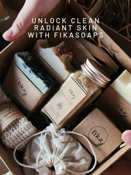 Unlocking clean, radiant skin is easy with my curated gift boxes. This box is packed with a variety of my handcrafted soaps, bath salts in a glass jar, and a soap saver pouch, offering a complete and nourishing skincare experience.