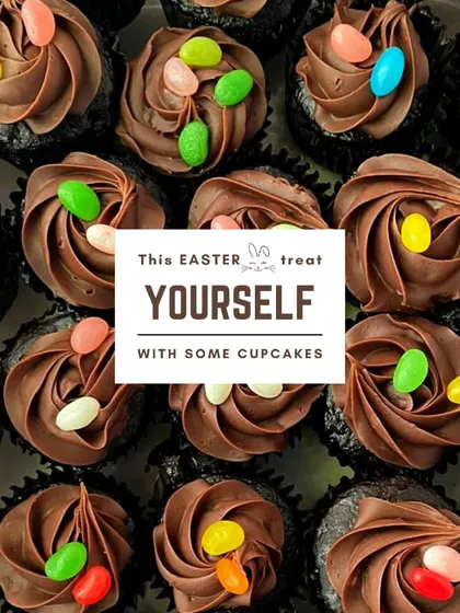 Our Easter chocolate cupcakes are a festive treat for all ages. They are topped with rich chocolate ganache and colourful jelly bean "eggs".