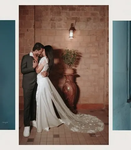 A collage showing the couple in various stylish poses against a dramatic blue wall, capturing the high-fashion vibe of their reception.