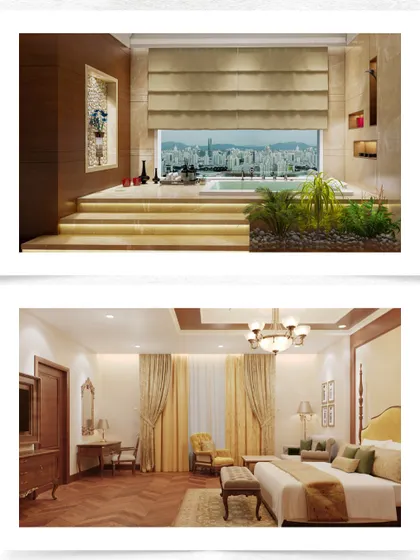 Renderings of a luxury suite and bathroom for the ITC Narkanda project. The design includes a spacious bedroom with classic furniture and a bathroom featuring a large tub with a city view, blending comfort with opulence.