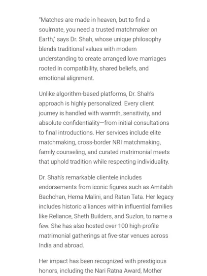 Pink Stories and Fabulous She celebrated my 33-year journey as India's leading elite matchmaker. These articles highlight my work with high-net-worth and ultra-elite families, from Mumbai to Manhattan, creating prestigious marriages rooted in tradition and discretion.