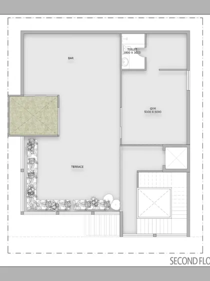 The second-floor plan includes a terrace, bar, and gym. This level is designed as a private retreat with open-air amenities that take full advantage of the home's connection to the outdoors.